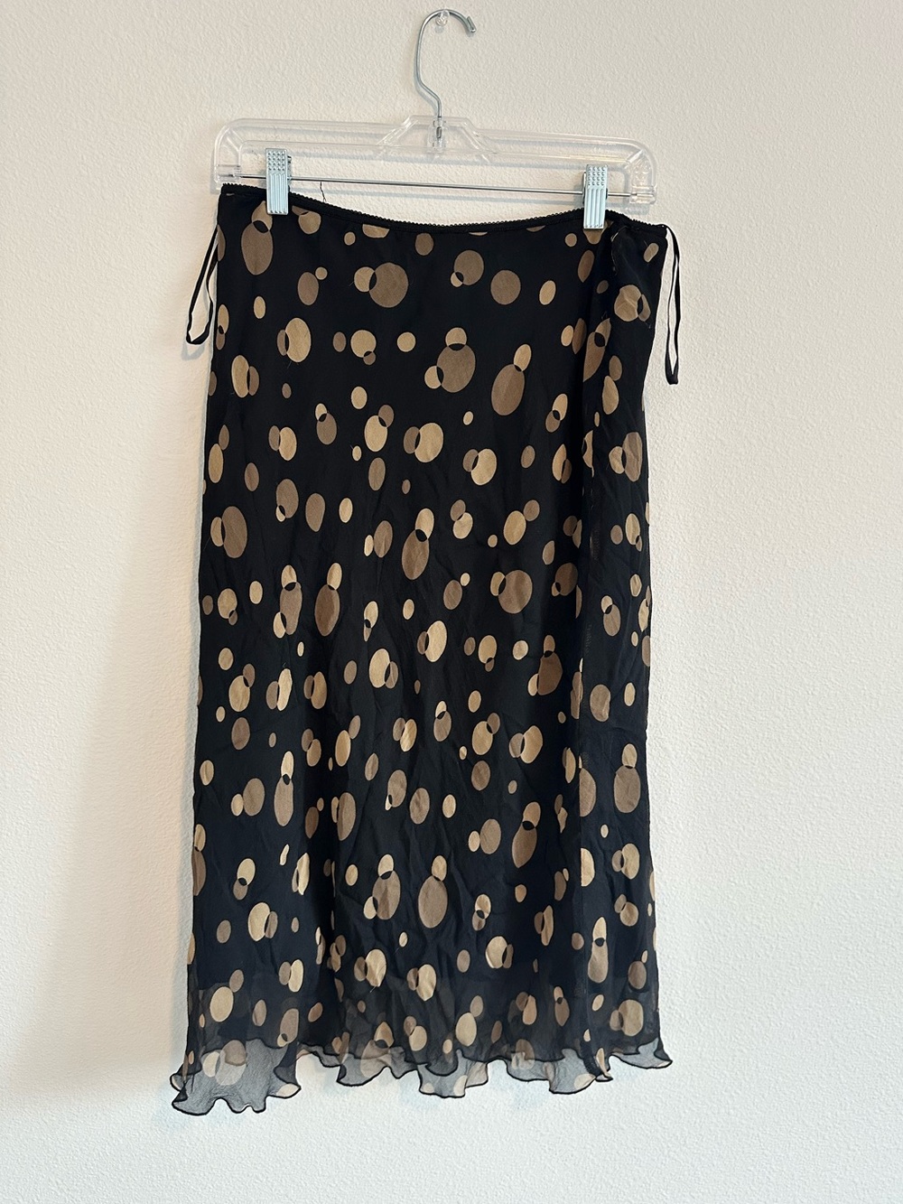 Vintage 90s 100% Silk Lace Trim Black Gold Polka Dot Midi Slip Skirt Size XL